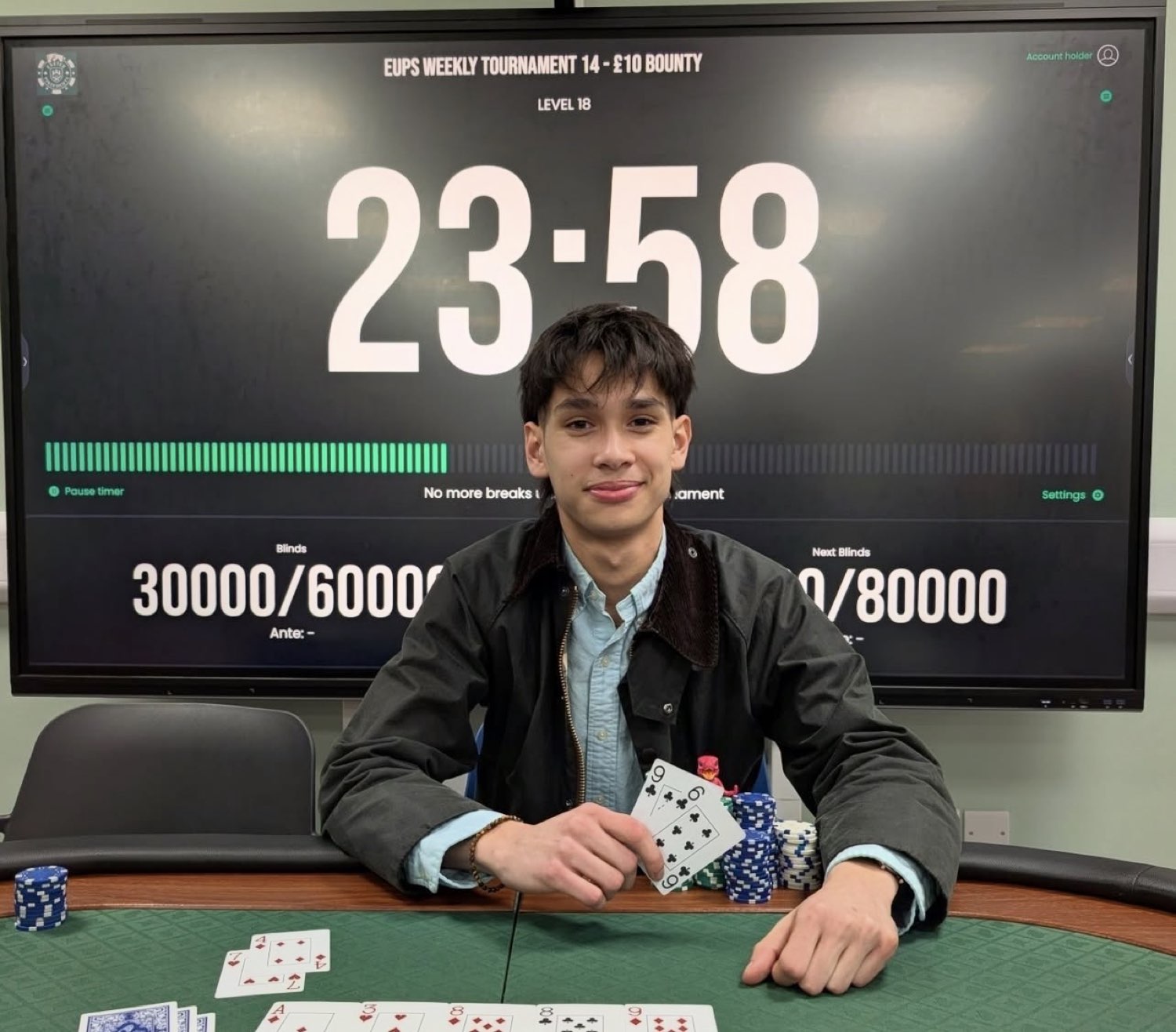 A University of Exeter Poker Society player at the final table of an EUPS weekly tournament