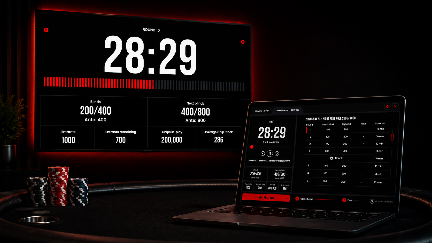 Tournament control screen showing player management, live controls and tournament administration.