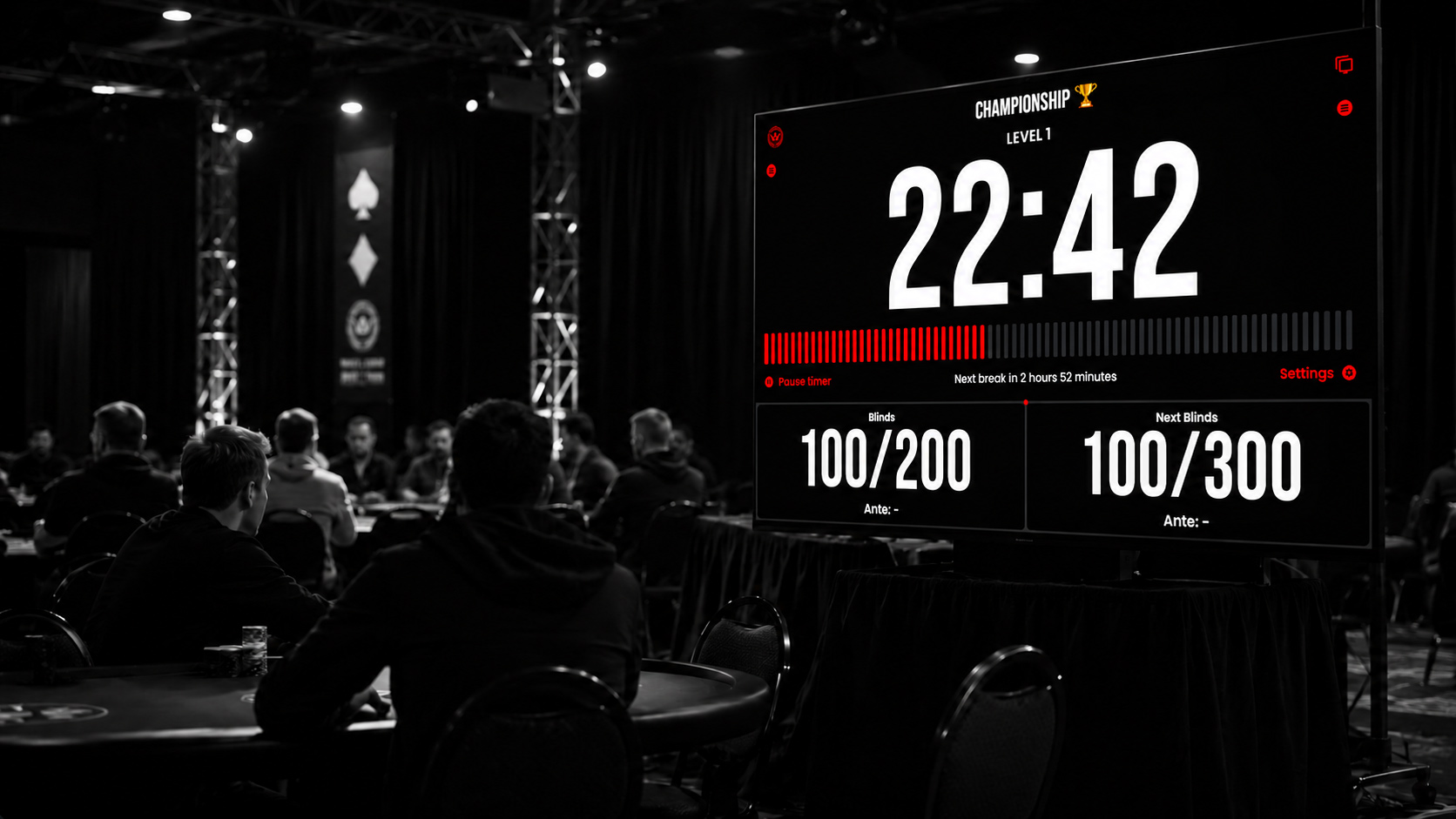 Beautiful full-screen tournament display running on a large television during a real poker tournament with players visible in the background.