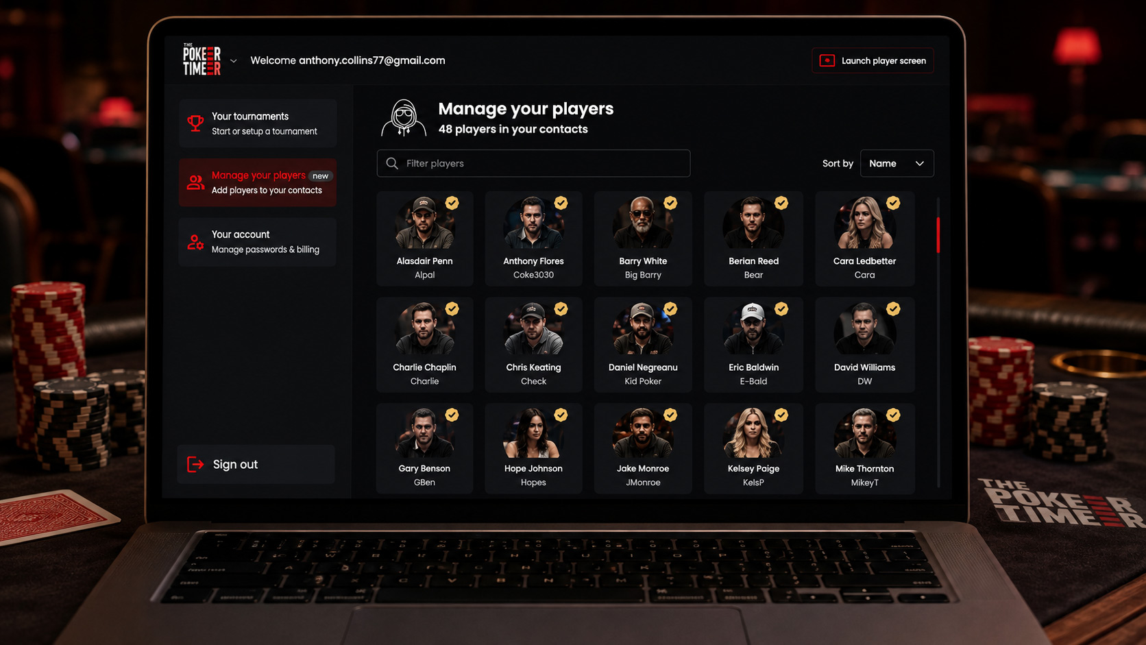 Player database showing profile photos, search, player cards and registration workflow.