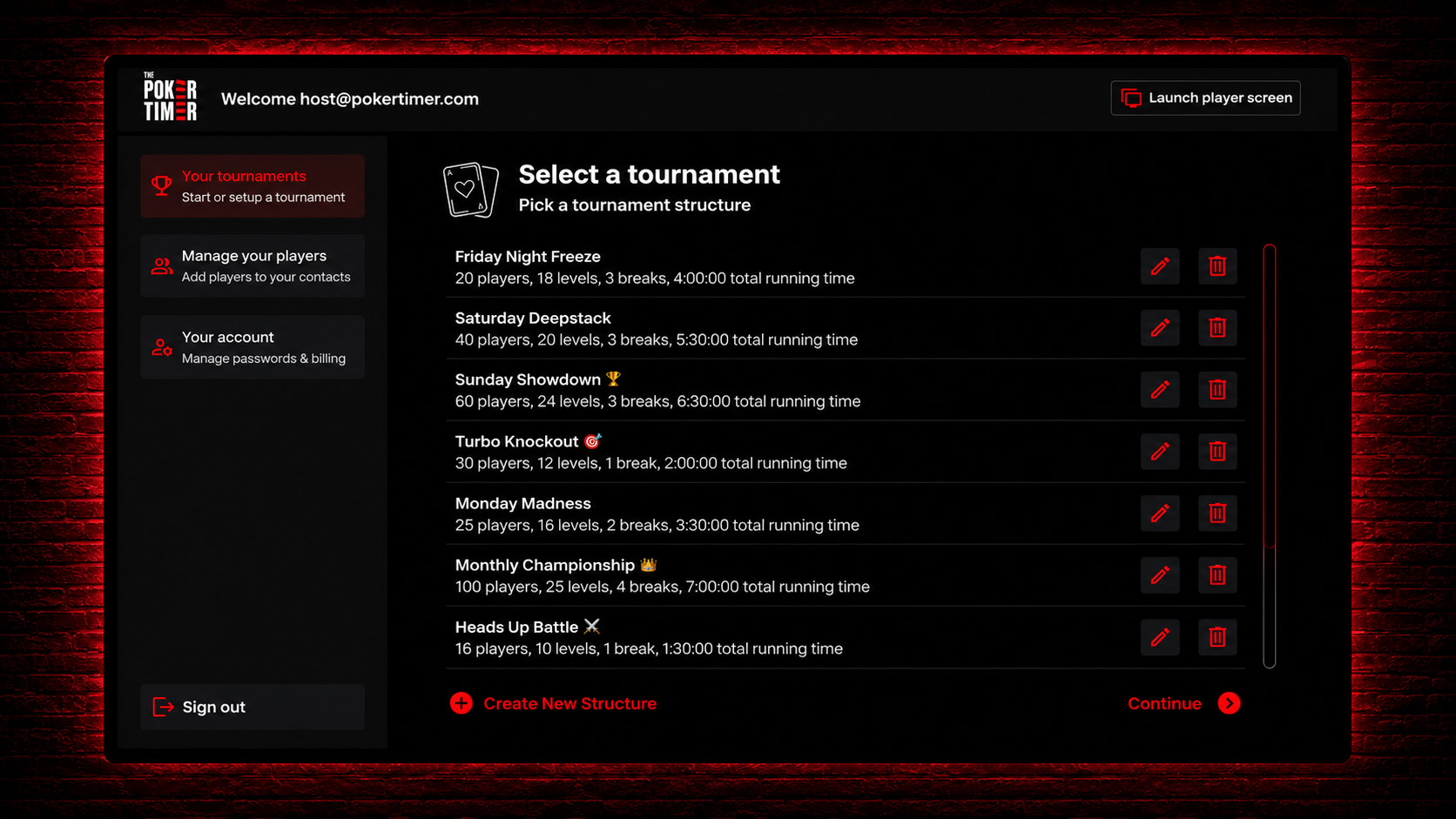 Tournament setup wizard showing blind structure editor, tournament settings and level configuration.