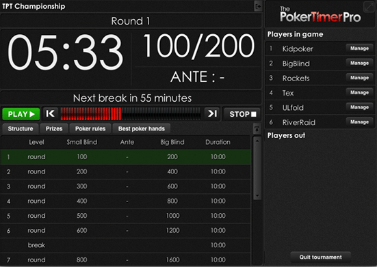 Free poker timer - blinds, ante, time, entrants, players, prizes management - Game Screen