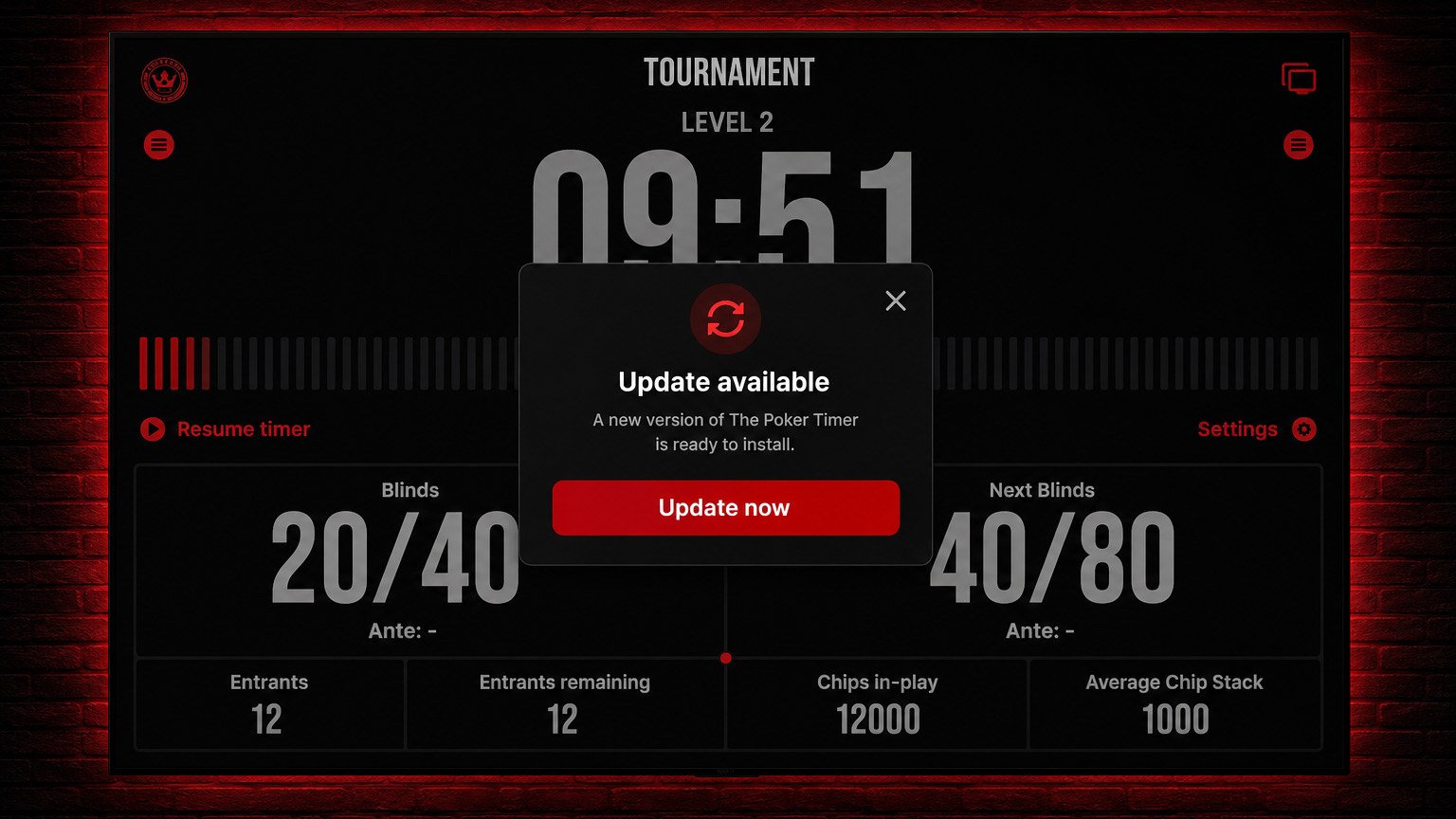 The Poker Timer showing an "Update available" dialog with an Update now button over the game screen