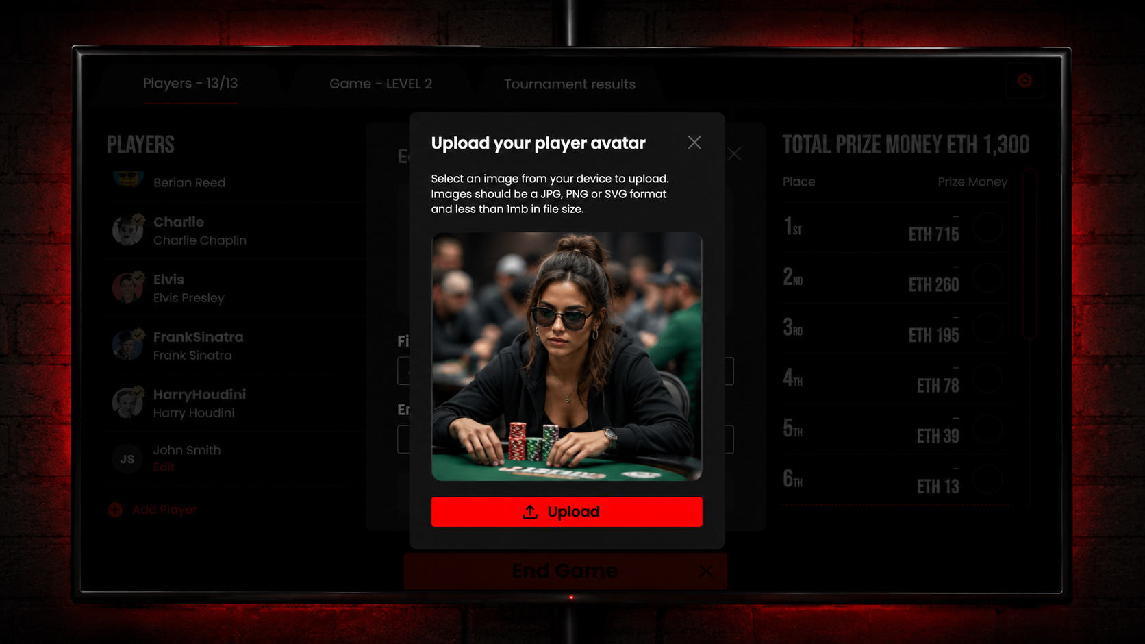 The Poker Timer's Upload your player avatar dialog, with the player list showing a photo beside each name
