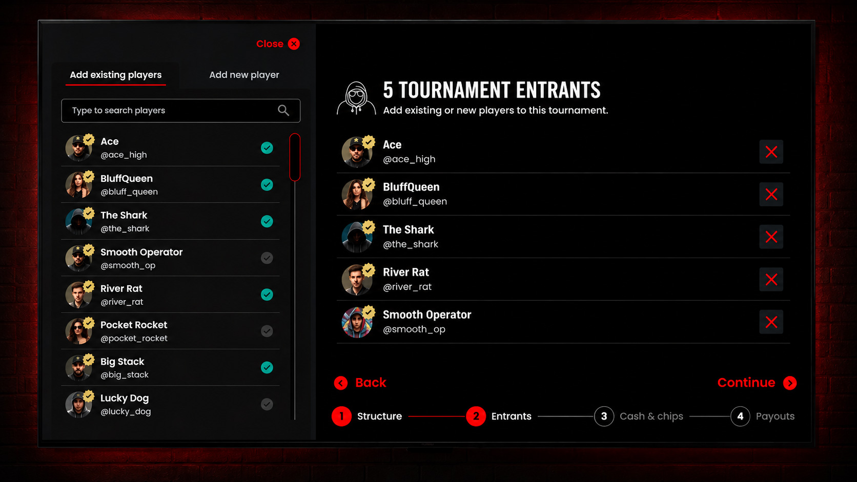 The Poker Timer's Add players screen, showing a searchable pool of saved players with avatars and usernames being added as tournament entrants