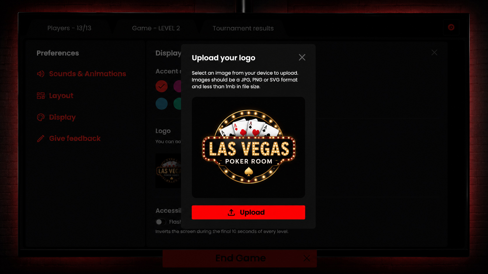 The Poker Timer's Upload your logo dialog in Preferences