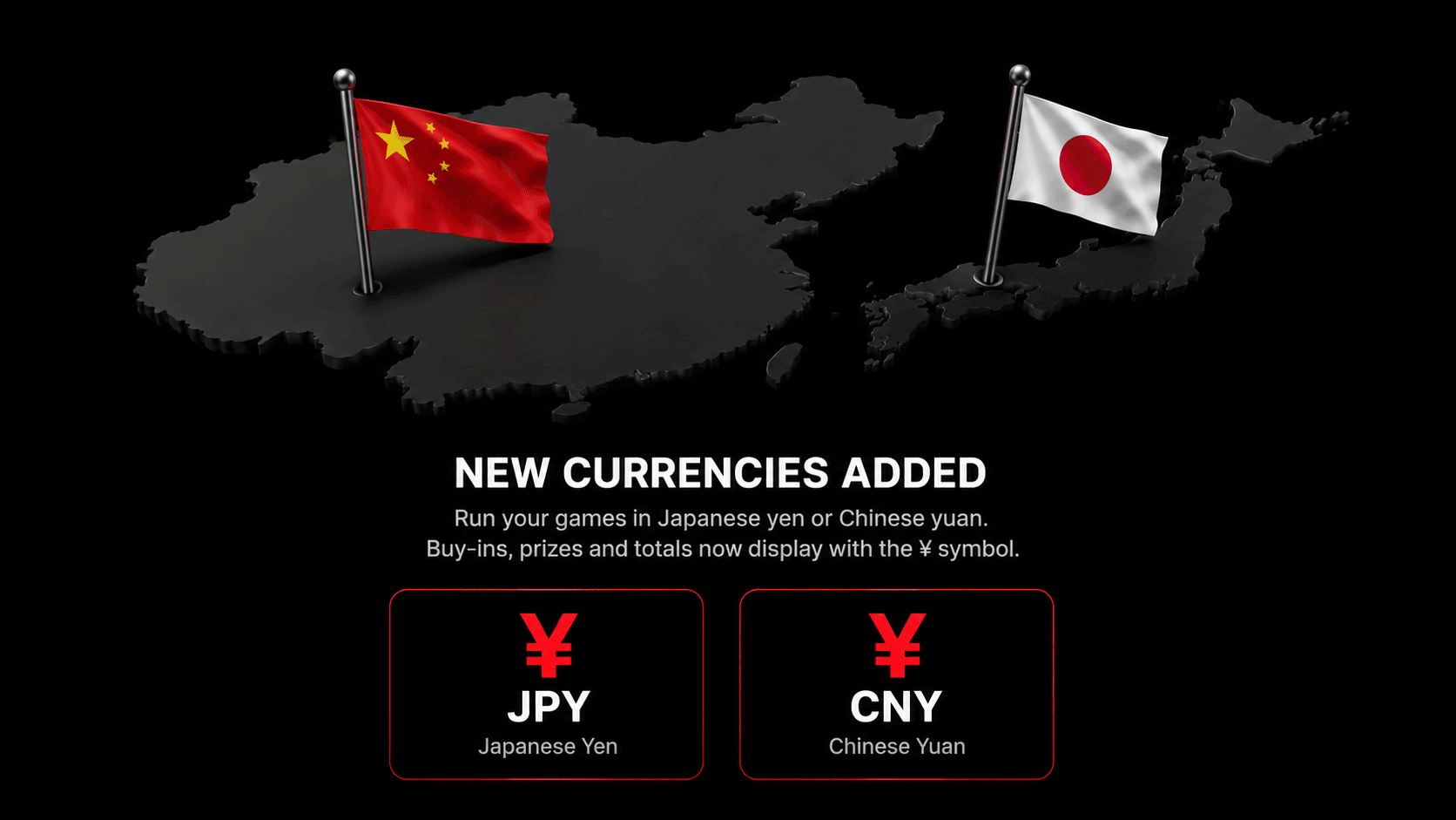 New currencies added: Japanese yen (JPY) and Chinese yuan (CNY), both using the ¥ symbol